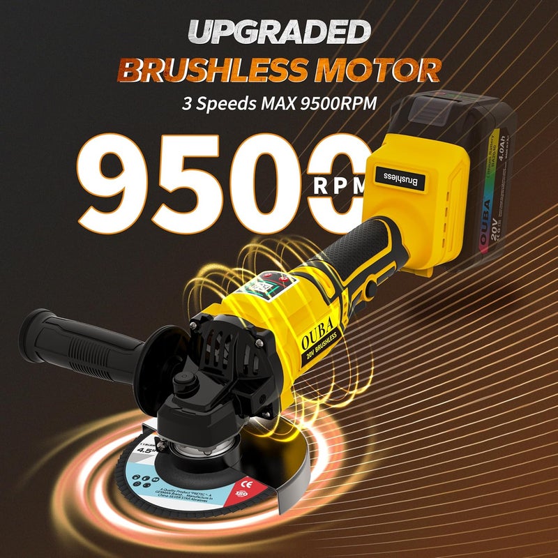 OUBA Cordless Angle Grinder Power Tools, Compatible with Dewalt 20V Max Battery Grinder Tool, Brushless Motor with LED, 3 Variable Speed, 4-1/2" Cutting Whee, Flap Disc Grinding (No Battery), Yellow - Image 3